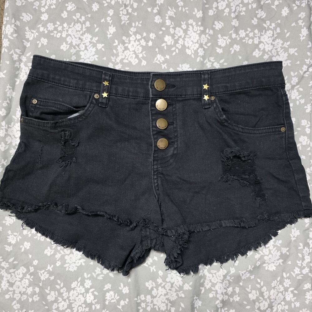 Billabong Black Distressed Cutoff Shorts Star Stud Button Fly, sz 28